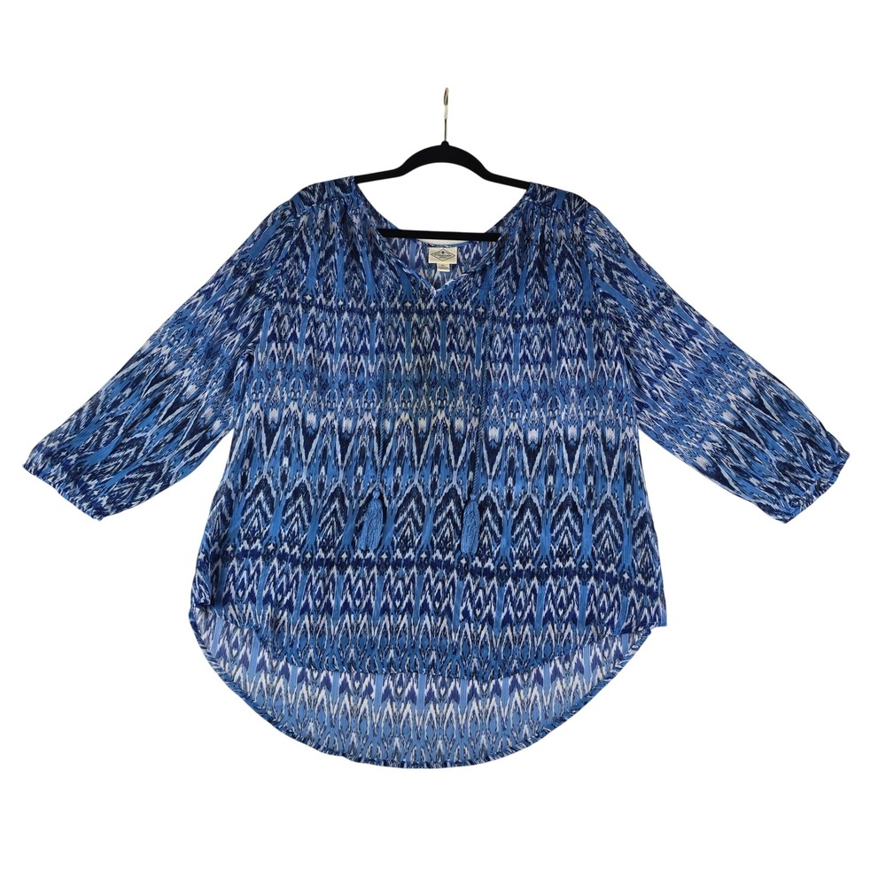 St John's Bay Ikat Peasant Blouse Women XL Blue Tassel Tie 3/4 Sleeve High Low